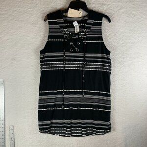 Dotti‎ Tunic Swim Cover-Up Women's Medium Black White Striped Lace-Up S9511